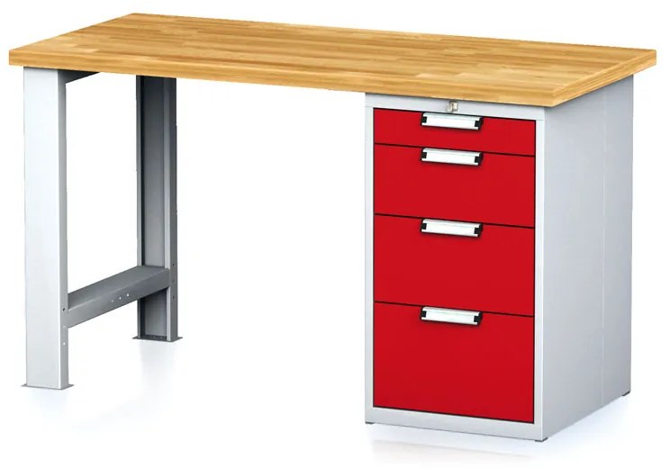 Dielenský pracovný stôl MECHANIC I, pevná noha + dielenský box na náradie, 4 zásuvky, 1500 x 685 x 880 mm, červené dvere