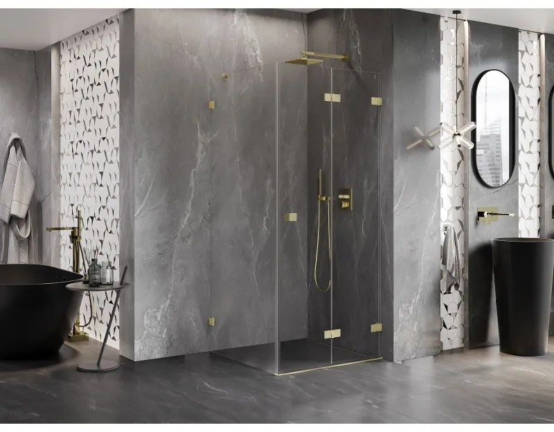 Mexen Lunar-F, 1-krídlový sprchový kút so skladacími dverami, pravý, 90 x 90 cm, 8mm číre sklo, zlatý matný profil, 836-090-090-55-00-P