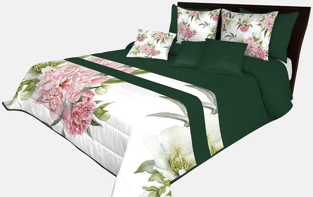 Prehoz na posteľ v smaragdovo zelenej farbe s potlačou veľkej ružovej kvetiny
