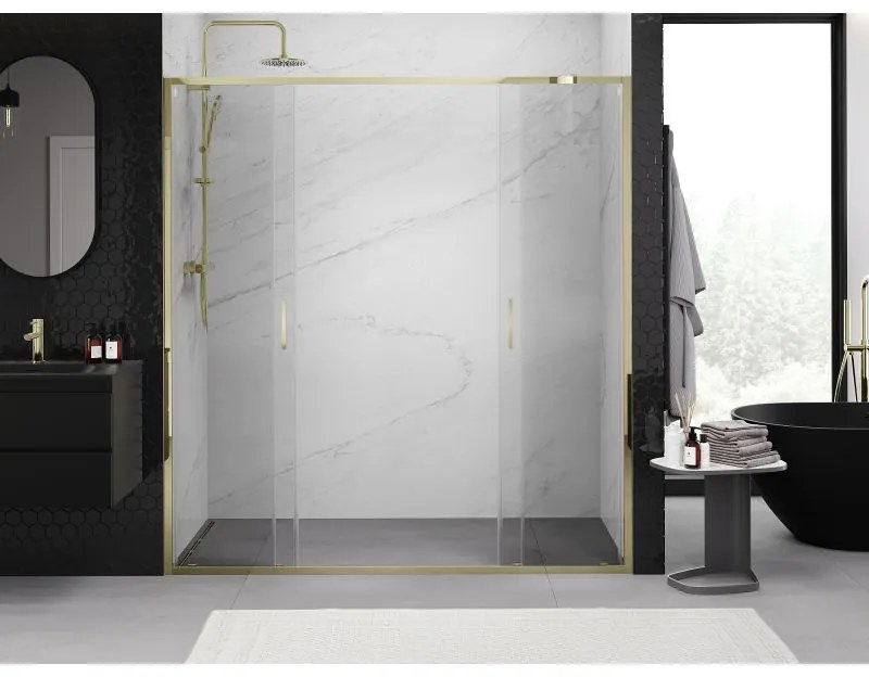 Mexen Exo, posuvné dvojité sprchové dvere 170 cm, číre sklo, zlatá, 8152-170-000-50-00