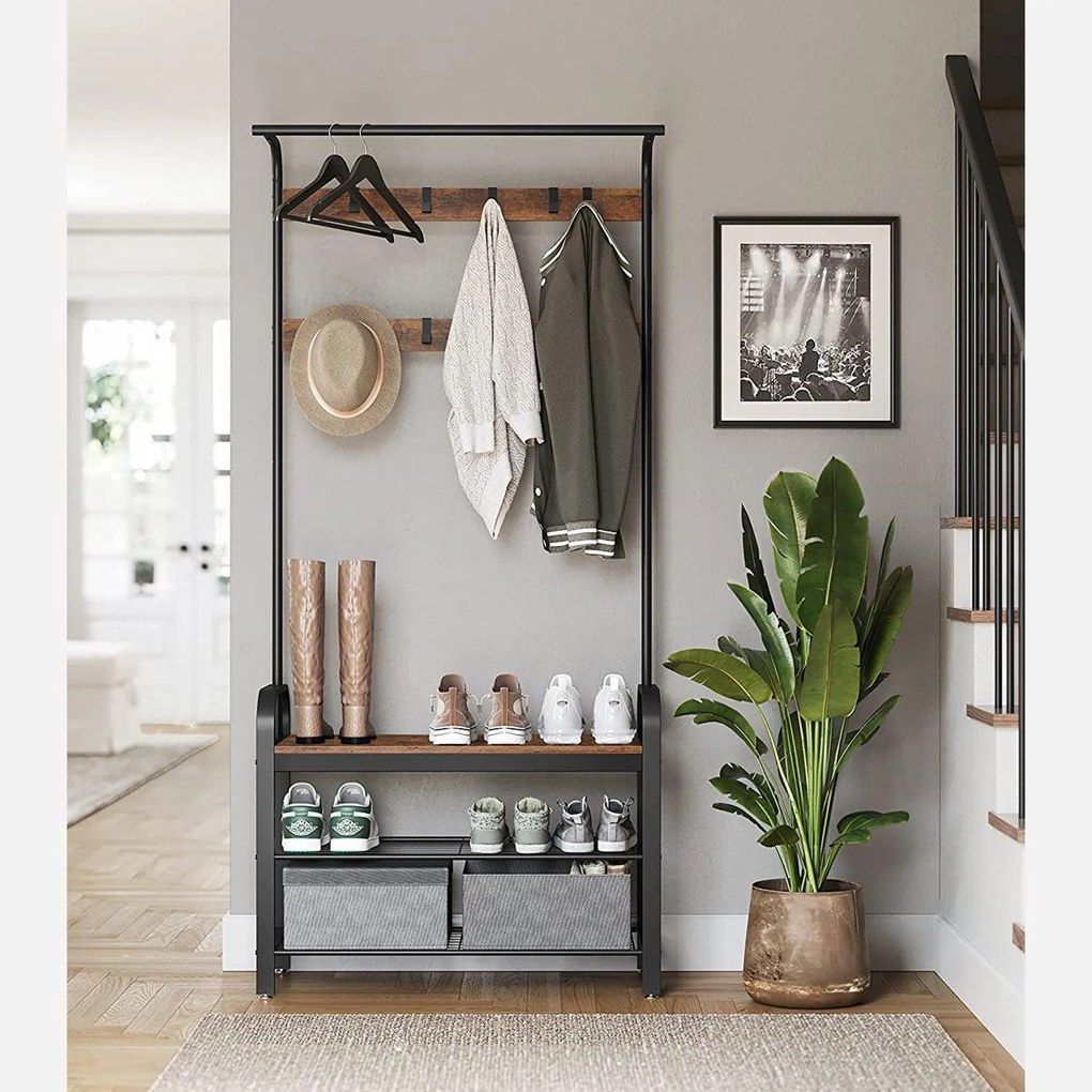 Stojanový vešiak s 9 háčikmi a lavicou na topánky, rustikálny hnedý