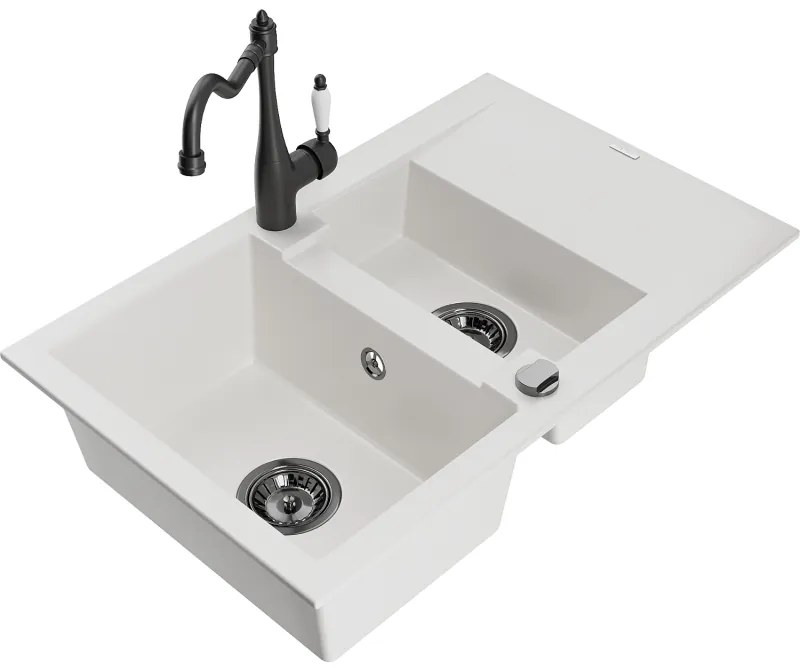 Mexen Gaspar, granitový drez 752x436x161 mm, 1,5-komorový a drezová batéria Carla, biela, 6507-20-670700-70