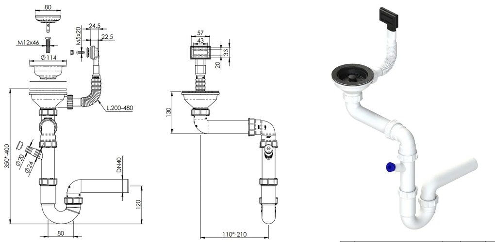Sink Quality Sink55, kuchynský granitový drez 680x460x215 mm + grafitový sifón, grafitová, SKQ-SINK.G.1KDO.XB