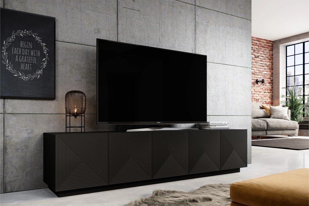 TV stolík Asha 200 cm s ryhovaným čelom - čierny mat