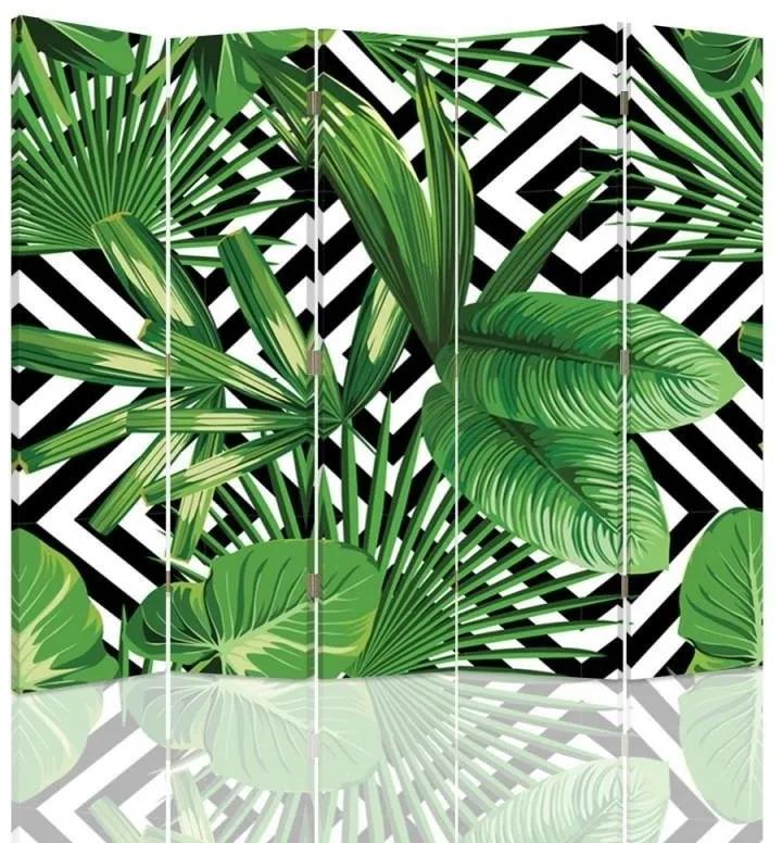 Ozdobný paraván Geometrické listy palmy zelené - 180x170 cm, päťdielny, klasický paraván