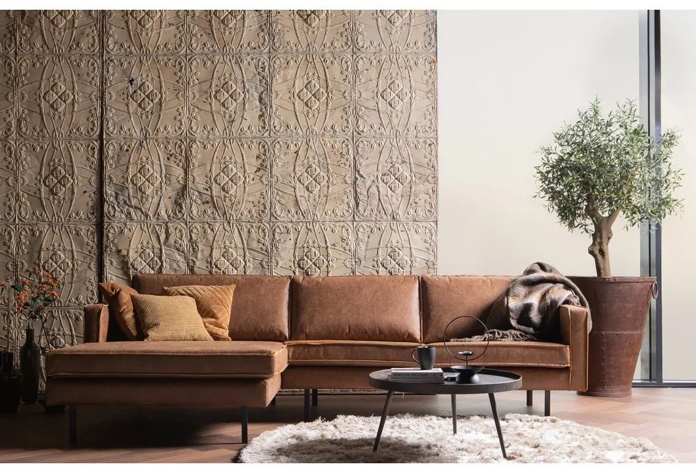 Hnedá rohová pohovka z imitácie kože (ľavý roh/s leňoškou) Rodeo – WOOOD