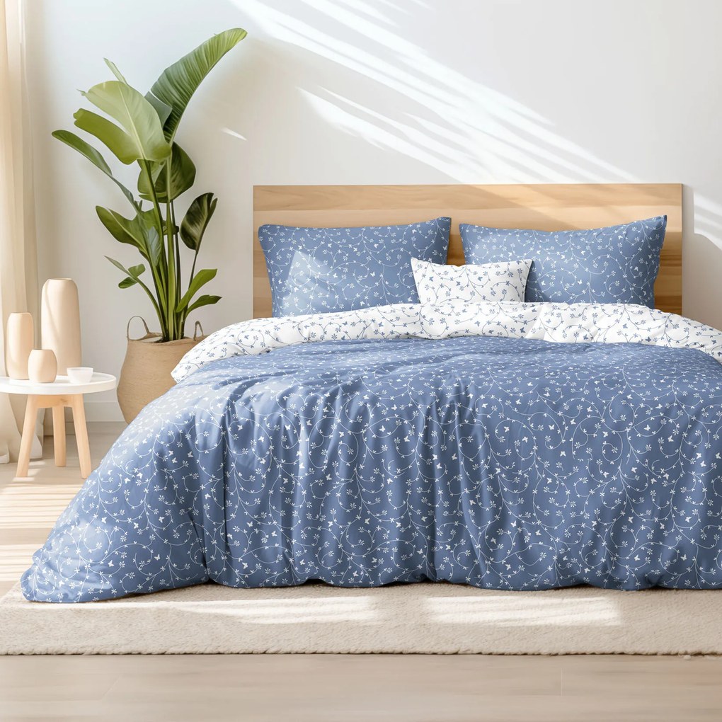 Goldea bavlnené posteľné obliečky - kvietky a motýle s modrosivou 140 x 200 a 70 x 90 cm