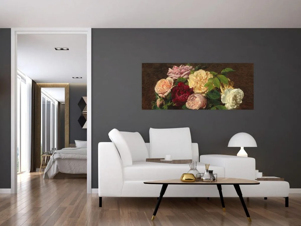 Obraz - Henri Fantin-Latour, Roses de Nice on a Table, reprodukcia (120x50 cm)