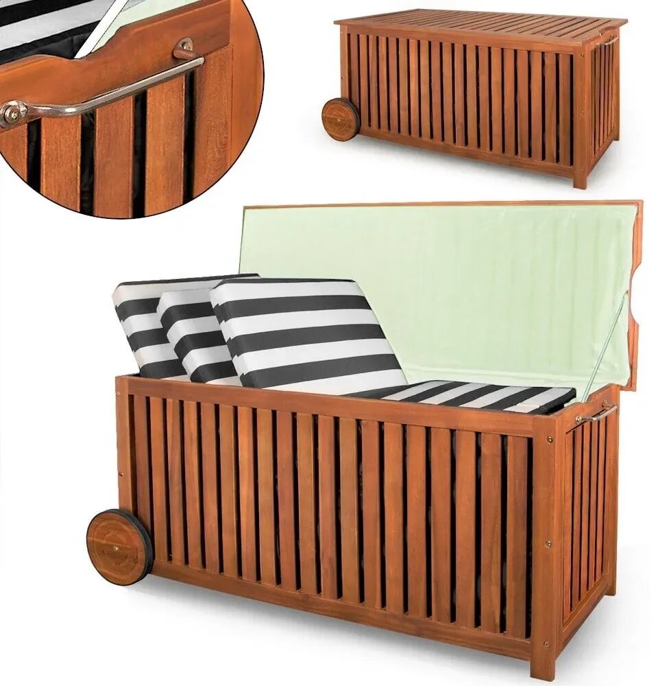 Drevený úložný box s kolieskami Acacia 117 cm vrátane vnútornej plachty