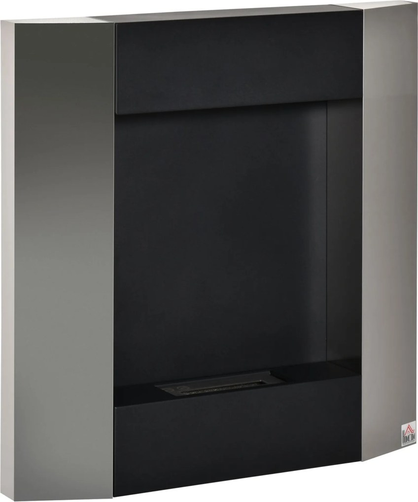 HOMCOM Biodeňková Krb na Stenu so Zásobníkom 0.7L a Krytom pre 20m², Oceľ, 72x11x72cm, Strieborná a Čierna | Aosom