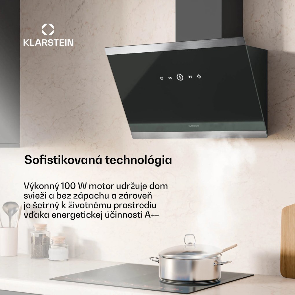 Klarstein FlashLine digestor, A++, 578 m³/h, 3 úrovne, dotykový, tichý, LED, odsávanie/recirkulácia, 100 W