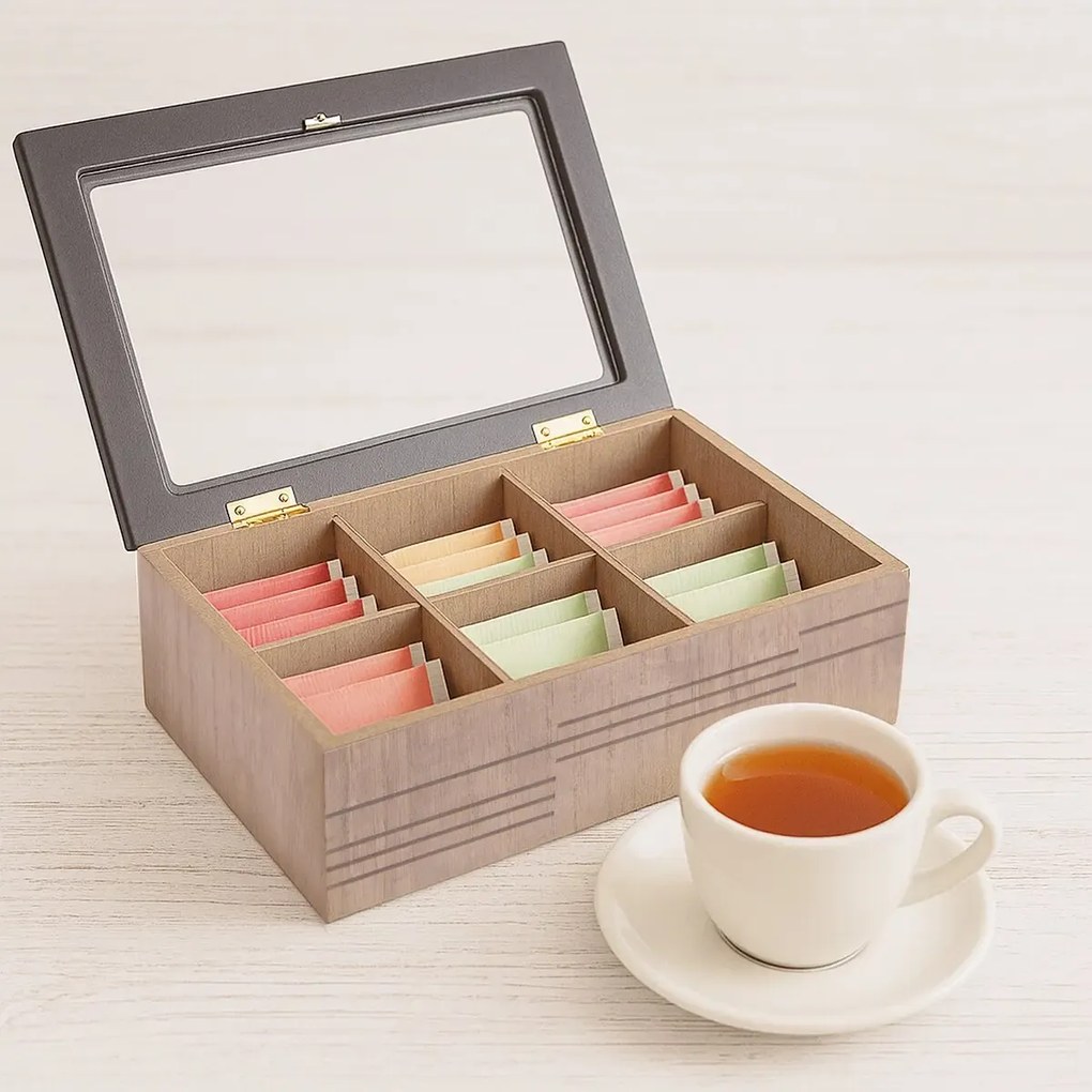 Orion Krabička na čaj, čajový organizér s 6 priehradkami, drevo LINE