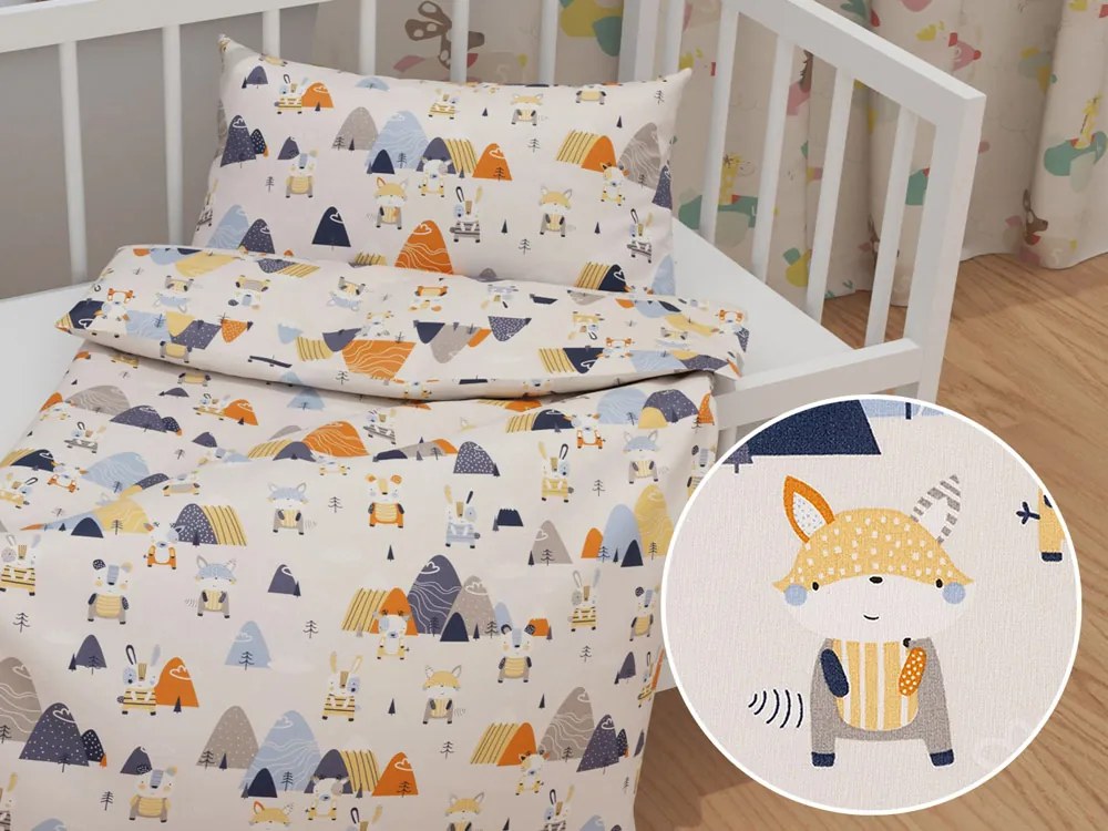 Biante Detské bavlnené posteľné obliečky do postieľky Sandra SA-613 Modro-oranžové lesné zvieratká na bledo sivom Do postieľky 90x130 a 40x60 cm