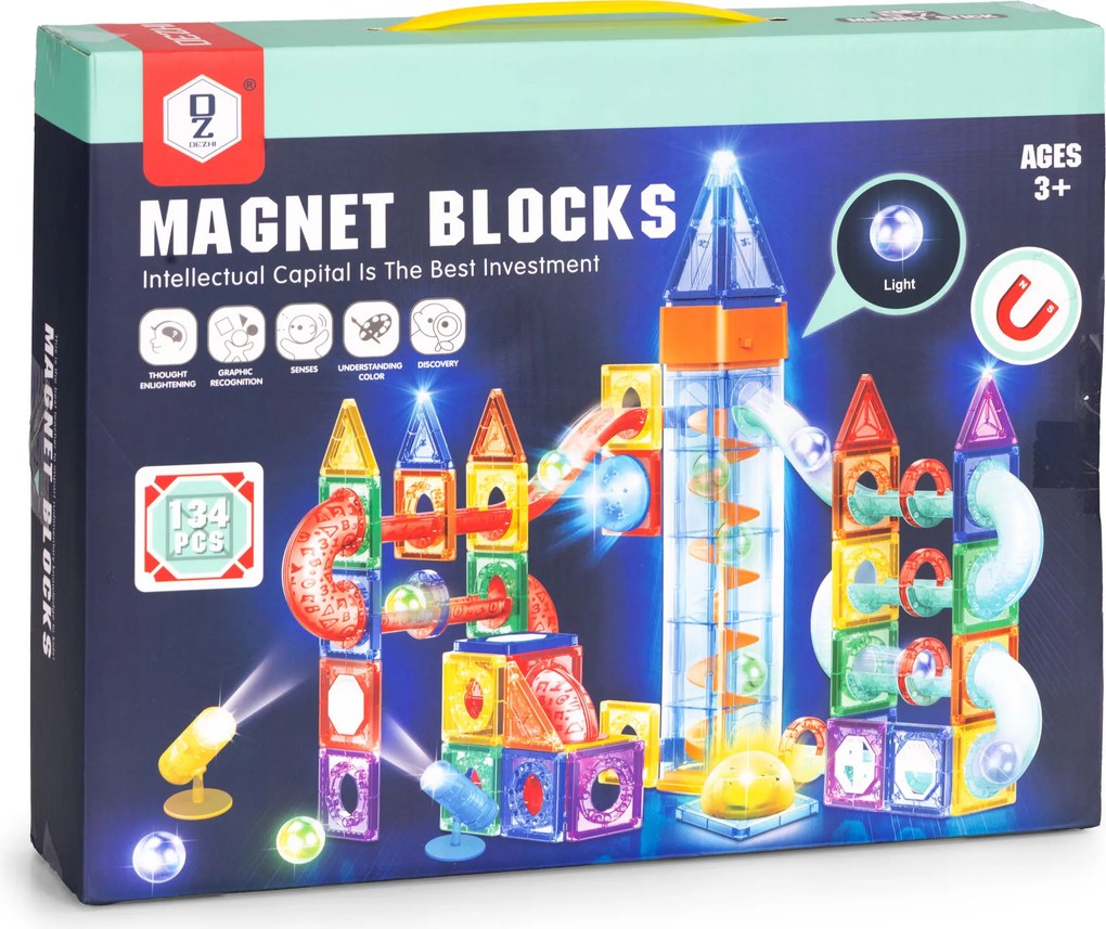 MULTISTORE Magnetické kocky LED 134 dielov – svietiaca stavebnica s guľôčkovou dráhou 3+