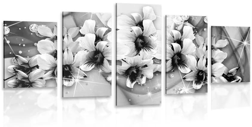5-dielny obraz čiernobiele kvety na abstraktnom pozadí - 200x100