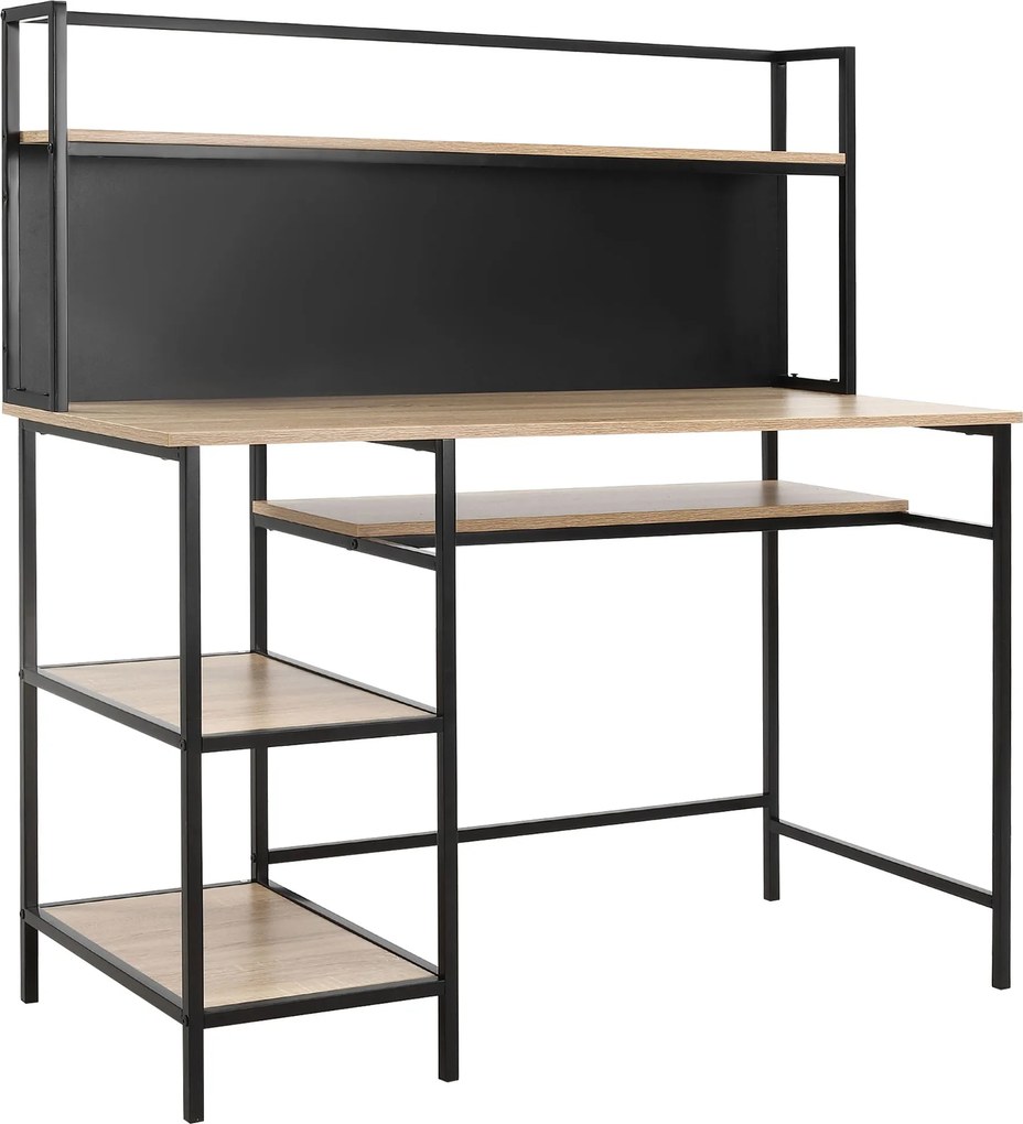 HOMCOM Počítačový stôl so skladovaním so 4 policami, veľká pracovná plocha a čierny panel do obývačky a spálne 120L x 53W x 126H cm, dub a čierna | Ao