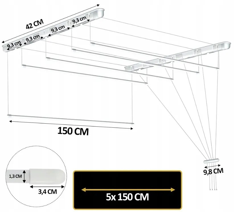 Erga Erga, stropný vešiak na sušenie bielizne 5x150 cm, biela, ERG-SEP-10SUSSUF5PP15
