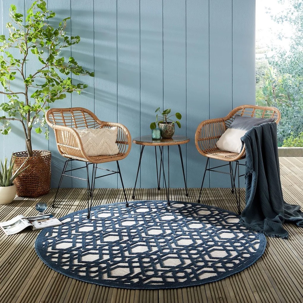 Flair Rugs, Kusový koberec Piatto Oro Blue kruh – na von aj na doma, 160x160 (priemer) kruh, modrá, chodba / predsieň