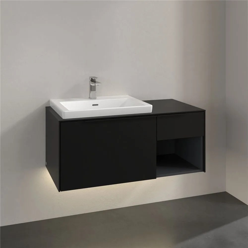 VILLEROY &amp; BOCH Subway 3.0 závesná skrinka pod umývadlo (umývadlo vľavo), 2 zásuvky + regálový prvok, s LED osvetlením, 1001 x 516 x 422,5 mm, Volcano Black, C572L1VL