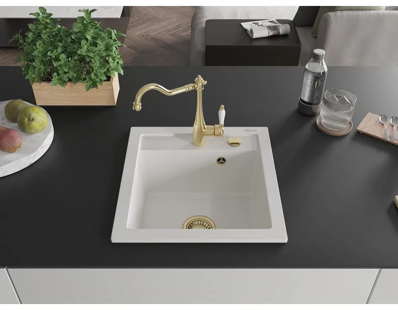Mexen Vito, granitový drez 490x520x210 mm, 1-komorový a drezová batéria Carla, biela, 6503-20-670700-50