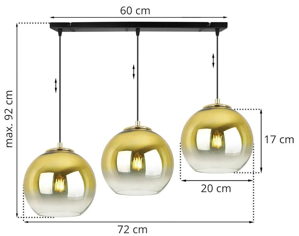 Závesné svietidlo Bergen Gold, 3x zlaté/transparentné sklenené tienidlo (fi 20cm)