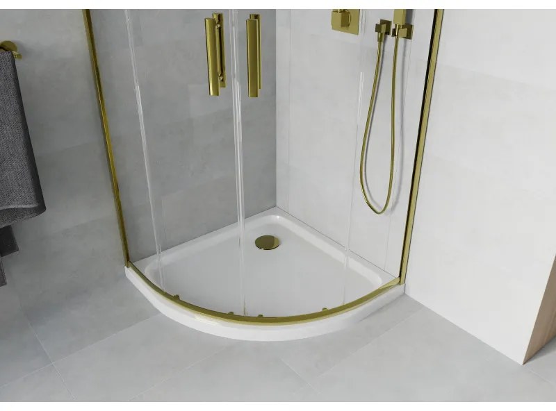 Mexen Rio, štvrťkruhový sprchovací kút s posuvnými dverami 90(dvere) x 90(dvere) x 190 cm, 6mm číre sklo, zlatý profil + biela sprchová vanička SLIM, 863-090-090-50-00-4110G