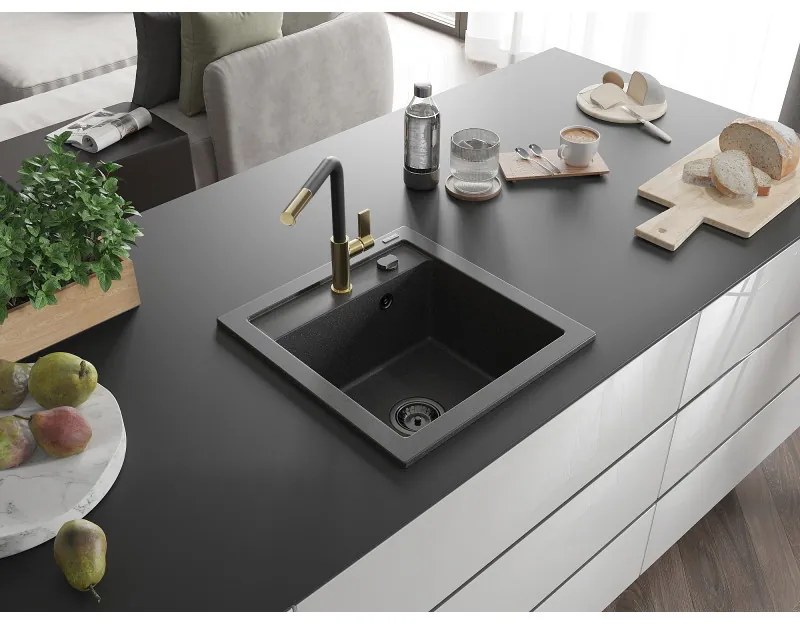 Mexen Vito, 1-komorový granitový drez 490x520x210 mm a drezová batéria Flora, čierna škvrnitá, 6503-76-670401-57-B