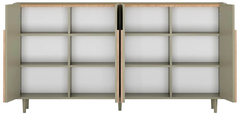 Komoda Amilio 200 cm štvor­dverová na nožičkách - eukalyptus / dub baltic dune / úchytky dub prírodný