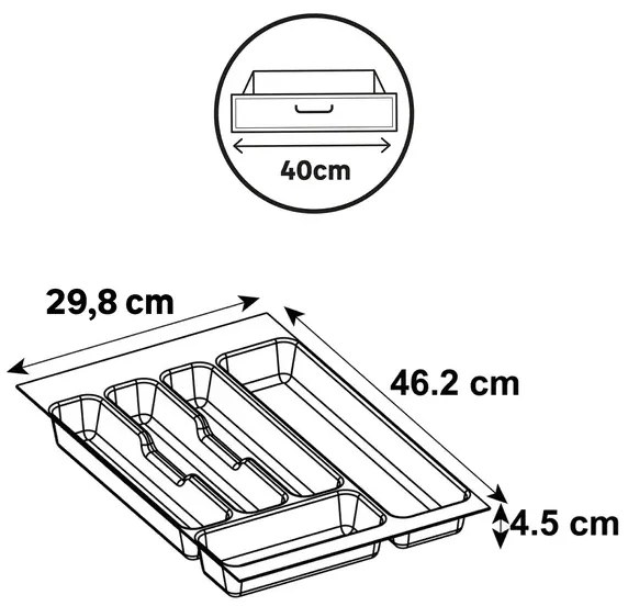 Vložka / príborník do 40 cm zásuvky - CUTLERY sivý plast 30 x 46 cm