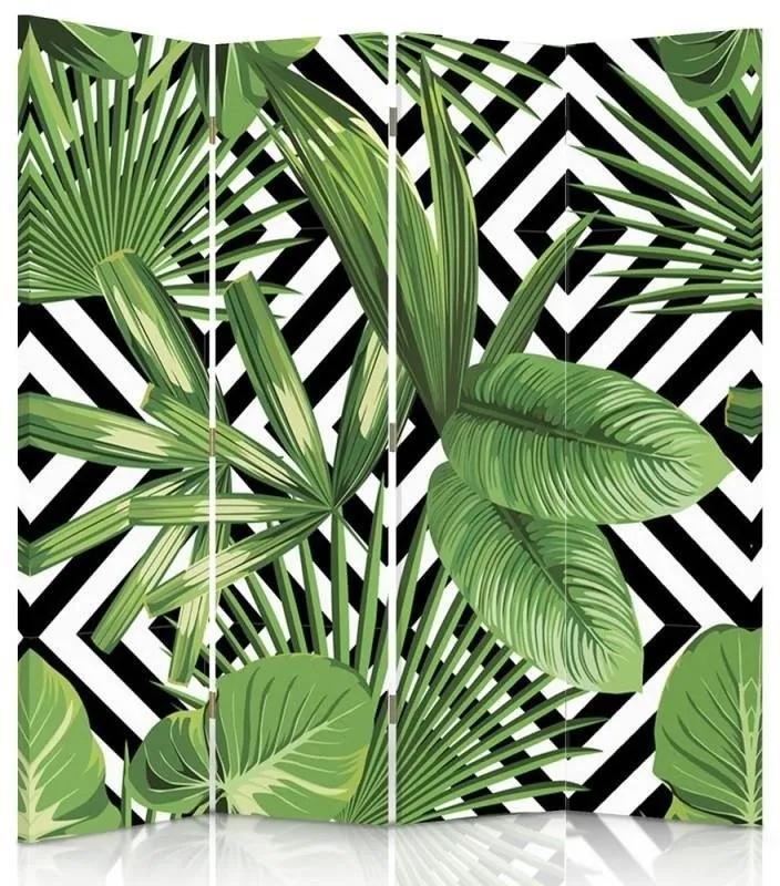 Ozdobný paraván Geometrické listy palmy zelené - 145x170 cm, štvordielny, klasický paraván