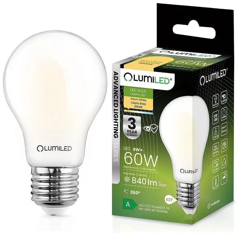 Žiarovka LED A60 FIL FR 4W E27 840LM 3000K