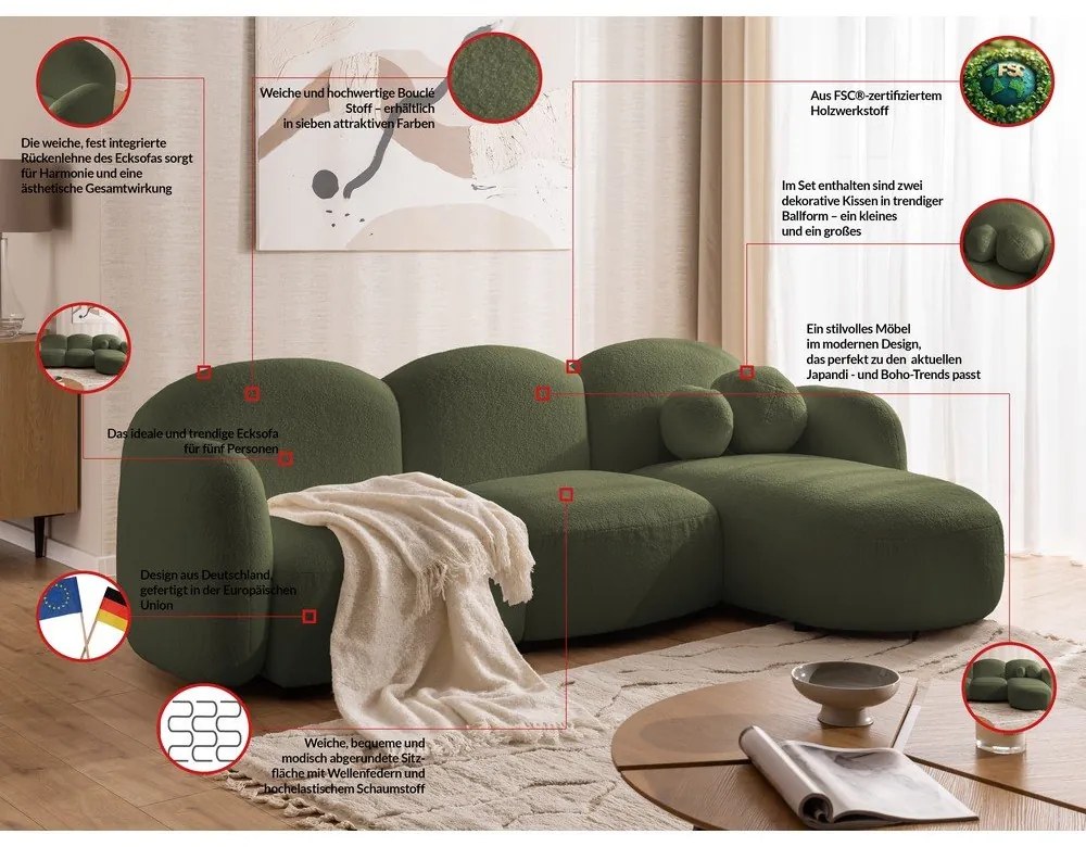 Zelená rohová pohovka z textílie buklé (pravý roh/s leňoškou) Orbit – Ropez