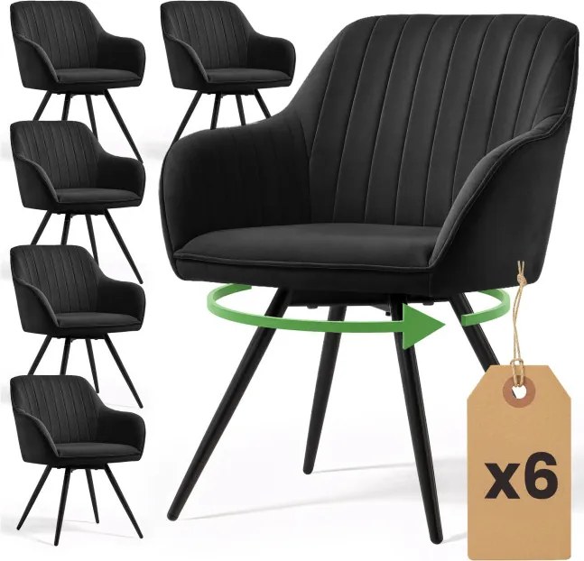Sada šiestich otočných jedálenských stoličiek TURNO zamatové, čierne / čierne nohy (6 ks)