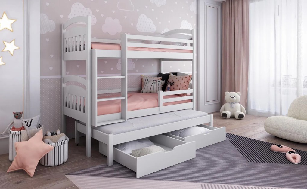 Detská poschodová posteľ z masívu borovice JAKUB III s prístelkou a šuplíky - 200x90 cm - biela