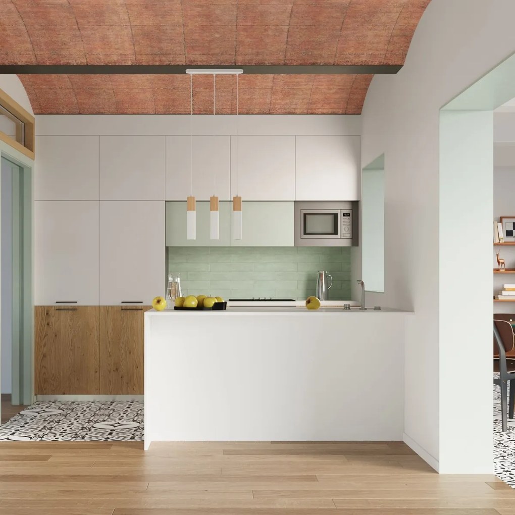 Závesné svietidlo Pablo, 3x drevené/biele kovové tienidlo, o