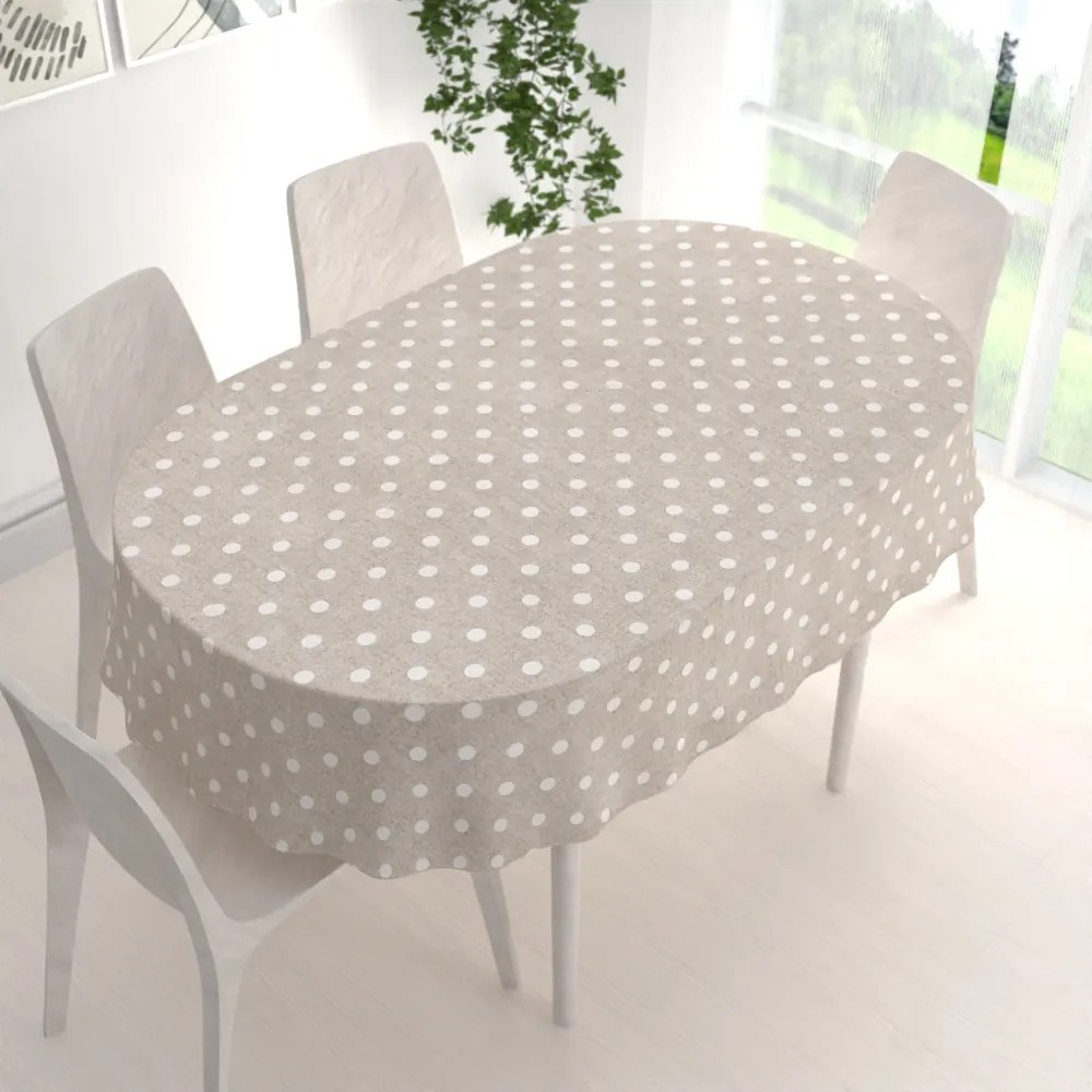 Biante Dekoračný oválny obrus Porto PRT-019 Biele bodky na béžovom režnom 120x160 cm