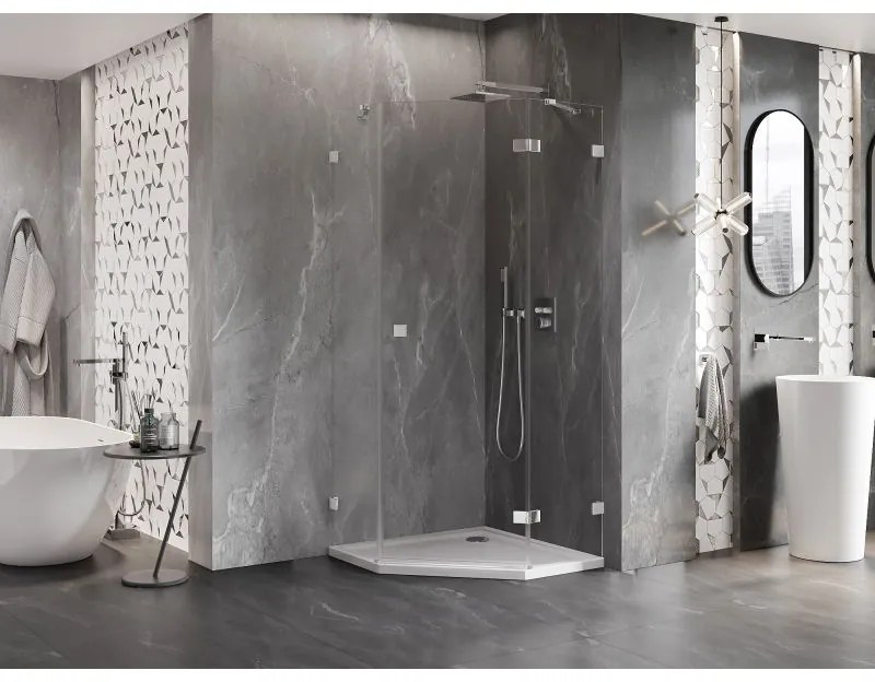 Mexen Lunar, výklopný päťuholníkový sprchový kút pravý 90 x 90 cm, 8mm číre sklo, chrómový profil, 831-090P-090L-01-00-P