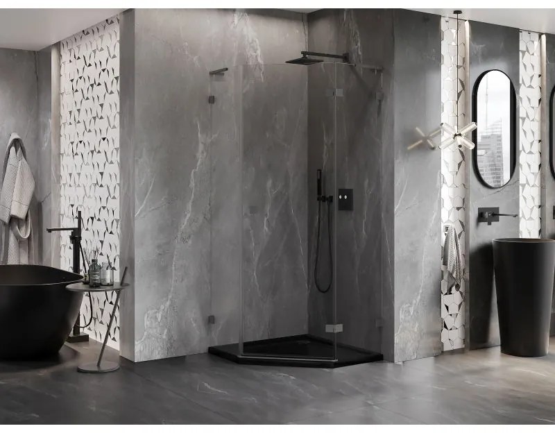 Mexen Lunar, L pravý výklopný päťuholníkový sprchový kút 90 x 90 cm, 8mm číre sklo, grafitový profil, 831L-090P-090L-95-00-P