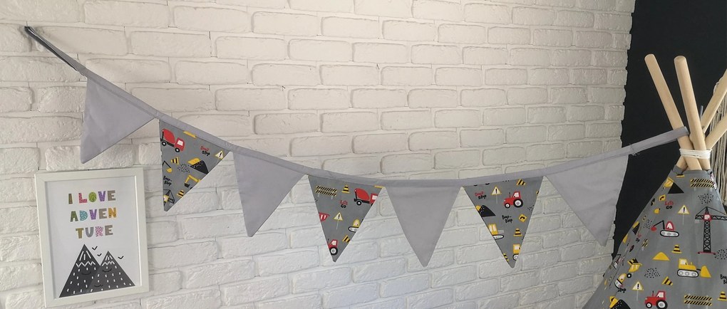 Dekoračná vlajková girlanda STAVEBNÉ STROJE - šedá