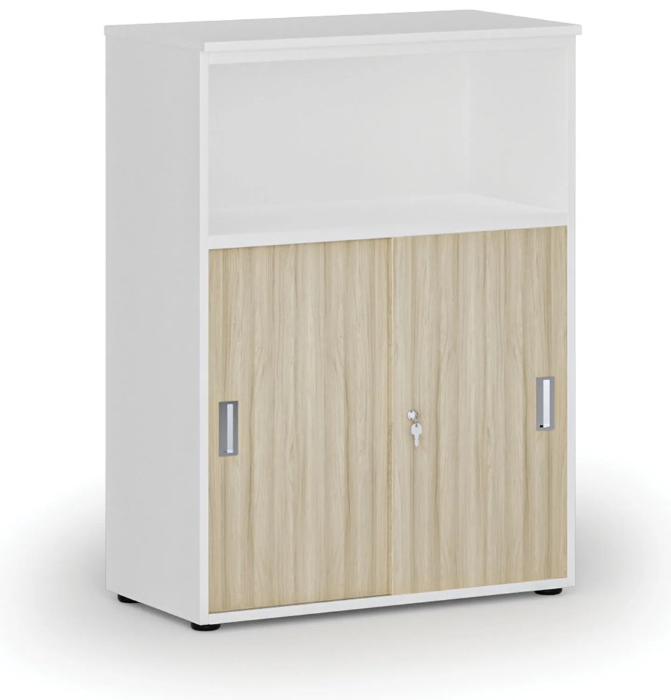 Kombinovaná kancelárska skriňa so zásuvnými dverami PRIMO WHITE, 800 x 420 x 1087 mm, biela/dub prírodná