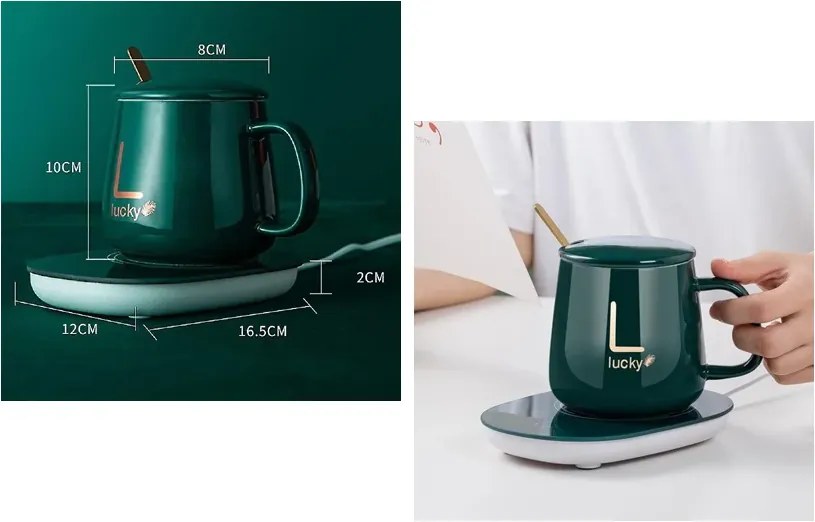 Súprava keramického hrnčeka s elektrickým ohrievačom Lucky v darčekovom balení - zelený