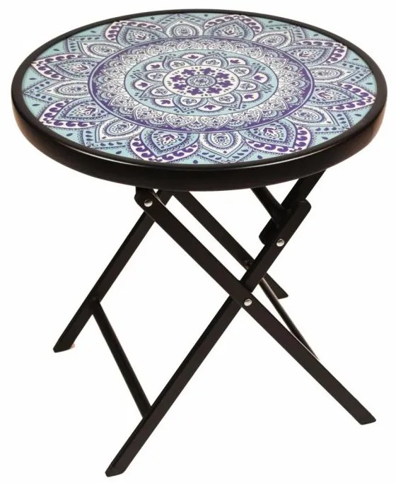 Záhradný bistro stolík, skladací, Ø 45 cm, modrý/vzorovaný