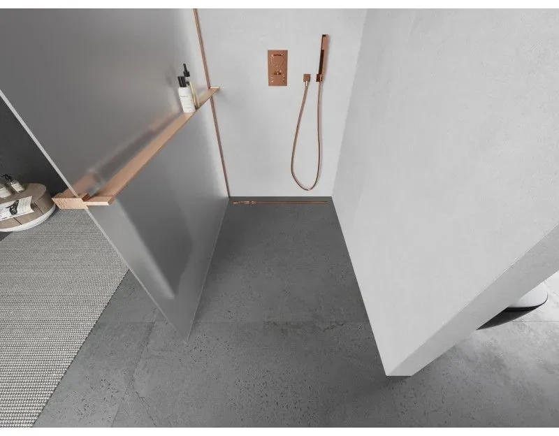 Mexen Kioto+, sprchová zástena Walk-In s poličkou a vešiakom 130 x 200 cm, 8mm sklo námraza, medený matný profil, 800-130-121-65-30