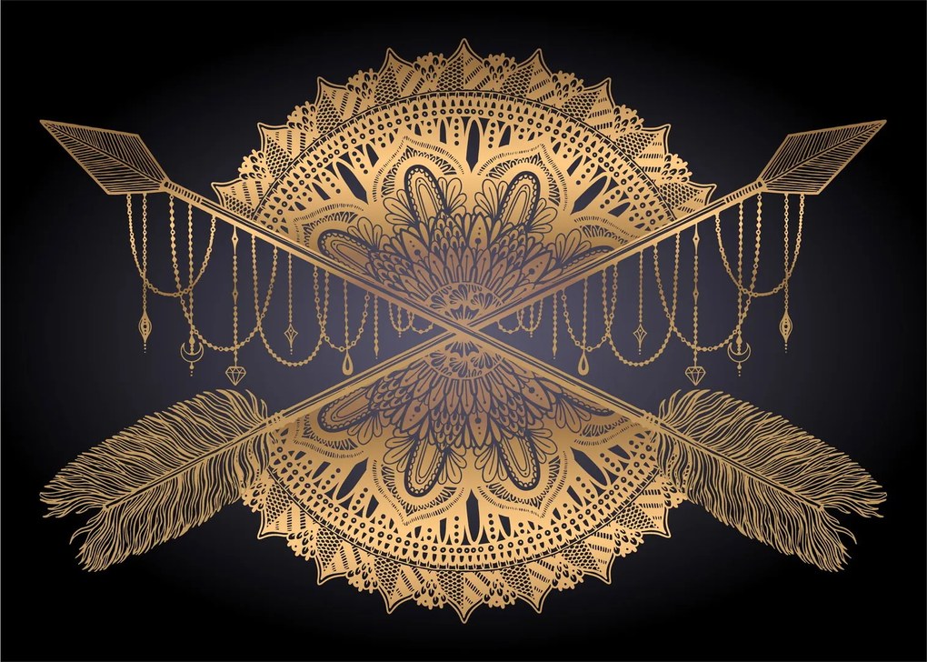 Sklenený obraz - Zlatá mandala s šípmi (70x50 cm)