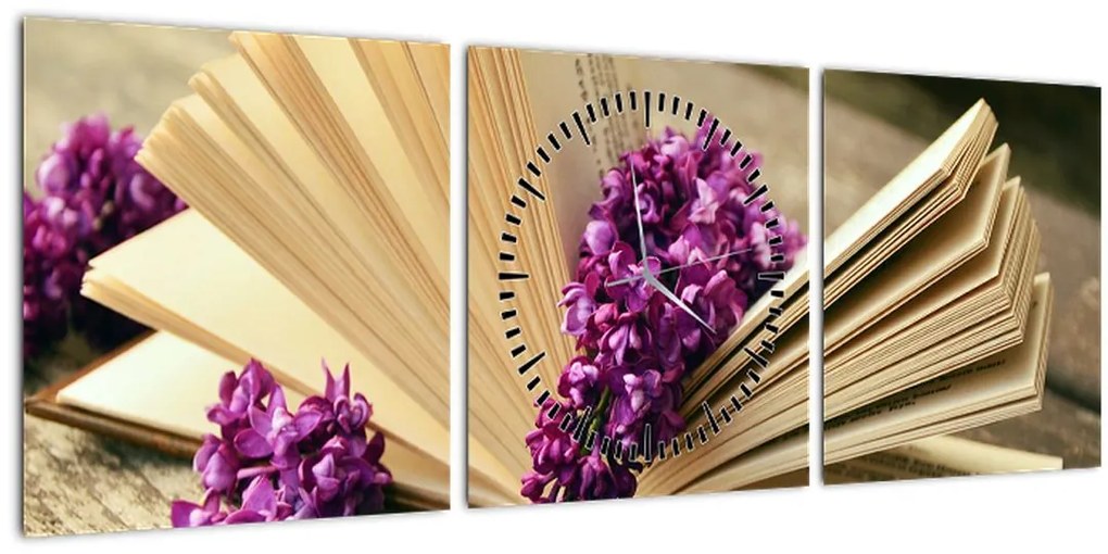 Obraz knihy a fialovej kvetiny (s hodinami) (90x30 cm)
