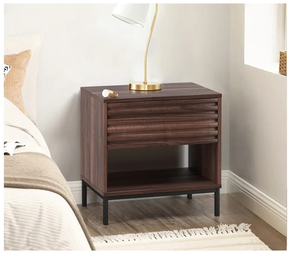Tmavohnedý nočný stolík s doskou v dekore orechového dreva Celine – Støraa
