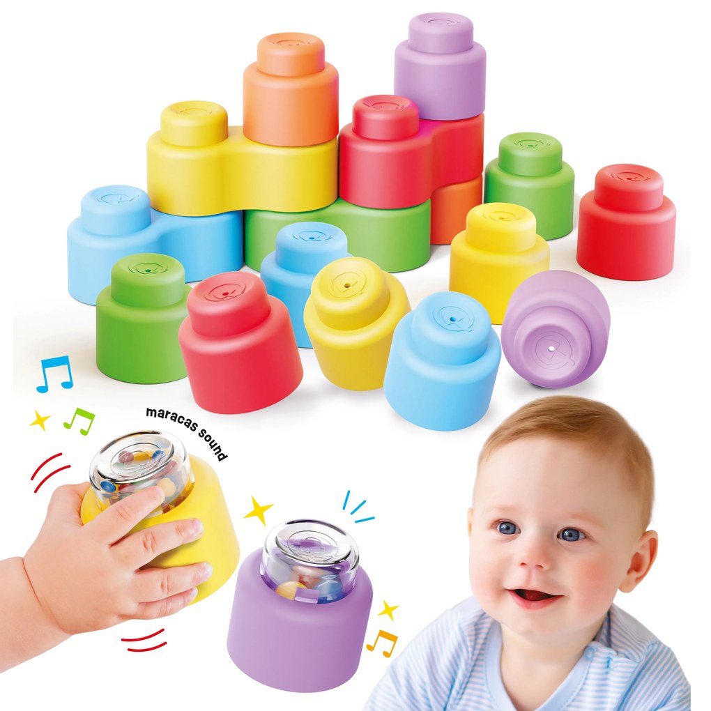 Momy Soft Happy Sound - mäkké kocky + 2 zvukové kocky - 18 ks