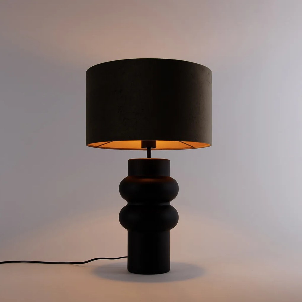 Dizajnová stolová lampa čierna zamatový tienidlo taupe so zlatom 35 cm - Alisia