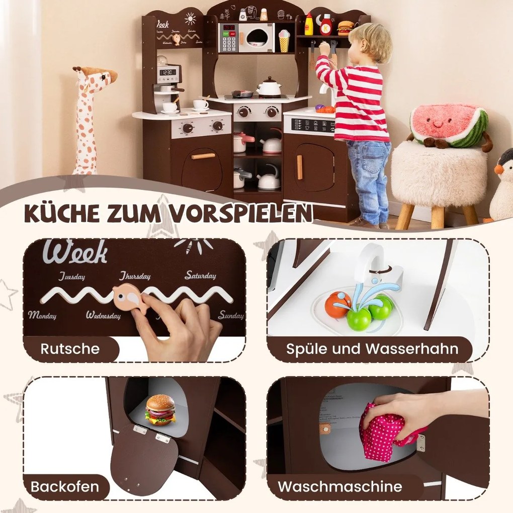Drevená rohová hracia kuchynka so zvukom & Light & kávovar & Hracia súprava do kuchynky pre batoľa šmykľavka hnedá Barva: Hnedá