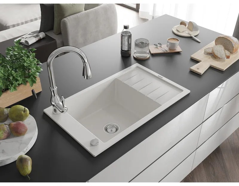 Mexen Elias, 1-komorový granitový drez 795x480x200 mm a drezová batéria Savita, biela, 6511-20-672601-00